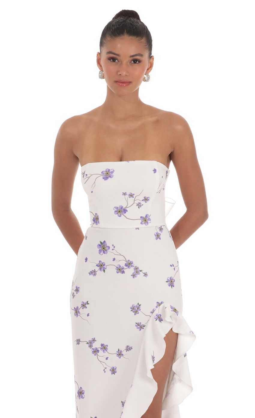 Picture Floral Strapless Back Bow Corset Maxi Dress in White. Source: https://media-img.lucyinthesky.com/data/Mar24/850xAUTO/f554359b-f9f2-4d20-bbbe-b31681bcbcff.jpg