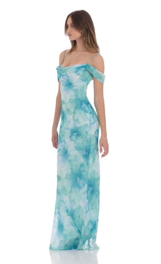 Floral Off Shoulder Maxi Dress in Aquamarine