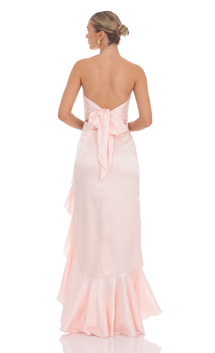 Picture Satin Jacquard Back Bow Corset Maxi Dress in Pink. Source: https://media-img.lucyinthesky.com/data/product-media/850xAUTO/feb27623-7b13-4d77-8a84-f35564b8d27c.jpg